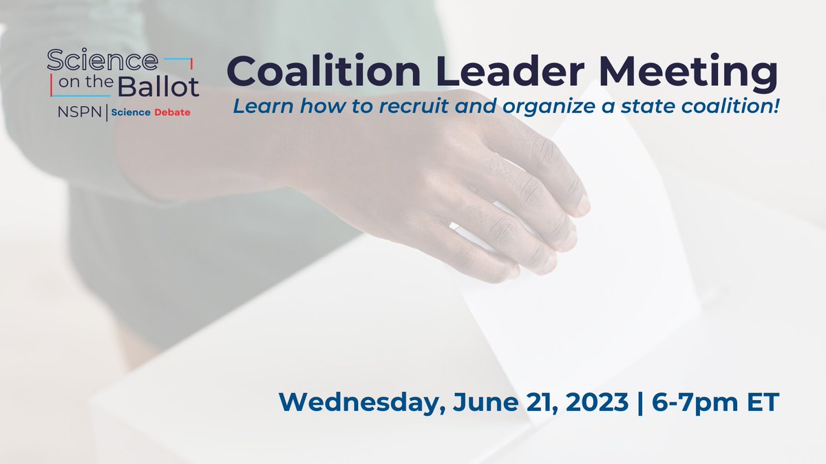 Are you interested in leading a team for the #ScienceOnTheBallot program? Come learn more about the expectations for coalition leaders and get a primer on how to help recruit others! Register to join our info and training session on June 21 at 6pm ET: ow.ly/r8N850OEQmi