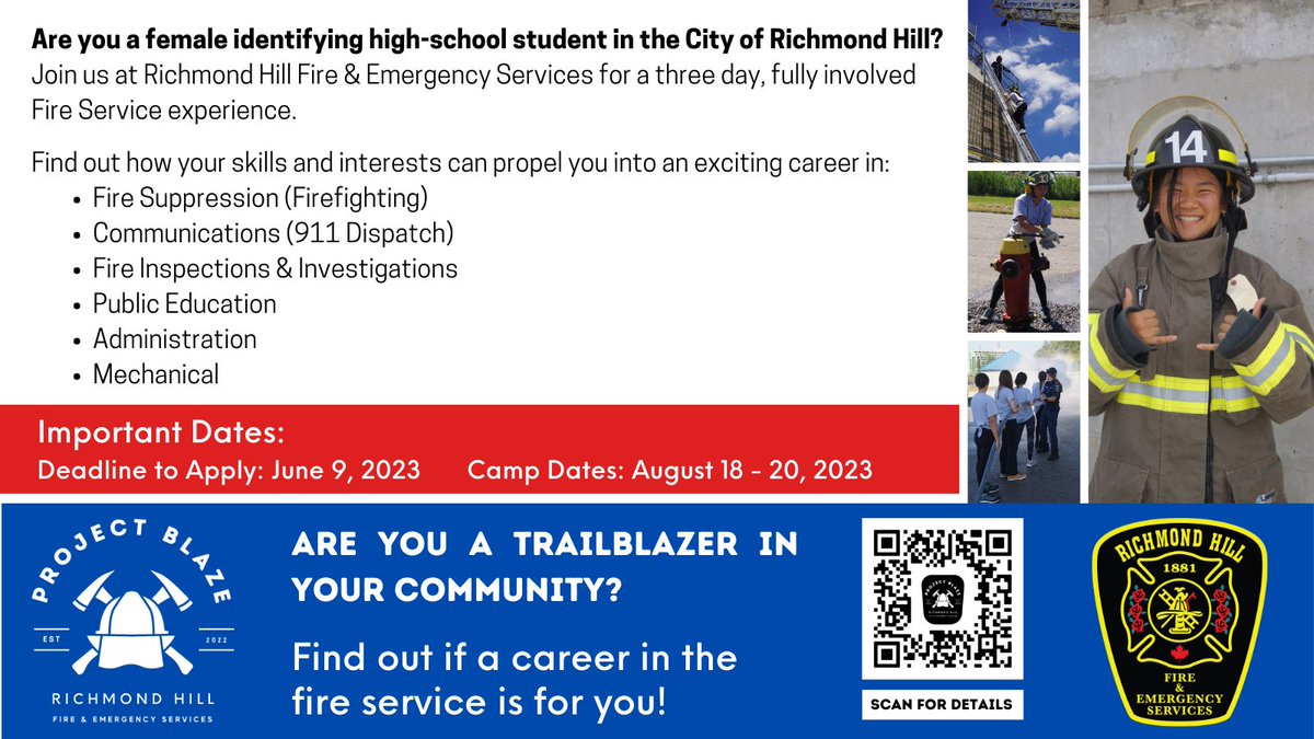 RHFES's tweet photo. Are you ready to learn more about career opportunities in the fire service? #ProjectBlaze gives female-identifying high school students in #RichmondHill that opportunity! Apply by June 9th! For more info and to apply visit: https://t.co/YGazMrZVxA https://t.co/DcMGh5i8oO