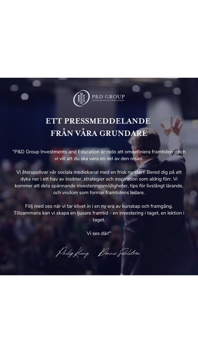 dintradingklubb's tweet photo. 💫 Nystart för P&amp;D Group Investments and Education på sociala medier! Vi förnyar oss med friska insikter och strategier för framgång. Följ med på vår resa av investeringar och utbildning. Häng med oss in i framtidens ljusare värld. https://t.co/VlbYhytE09