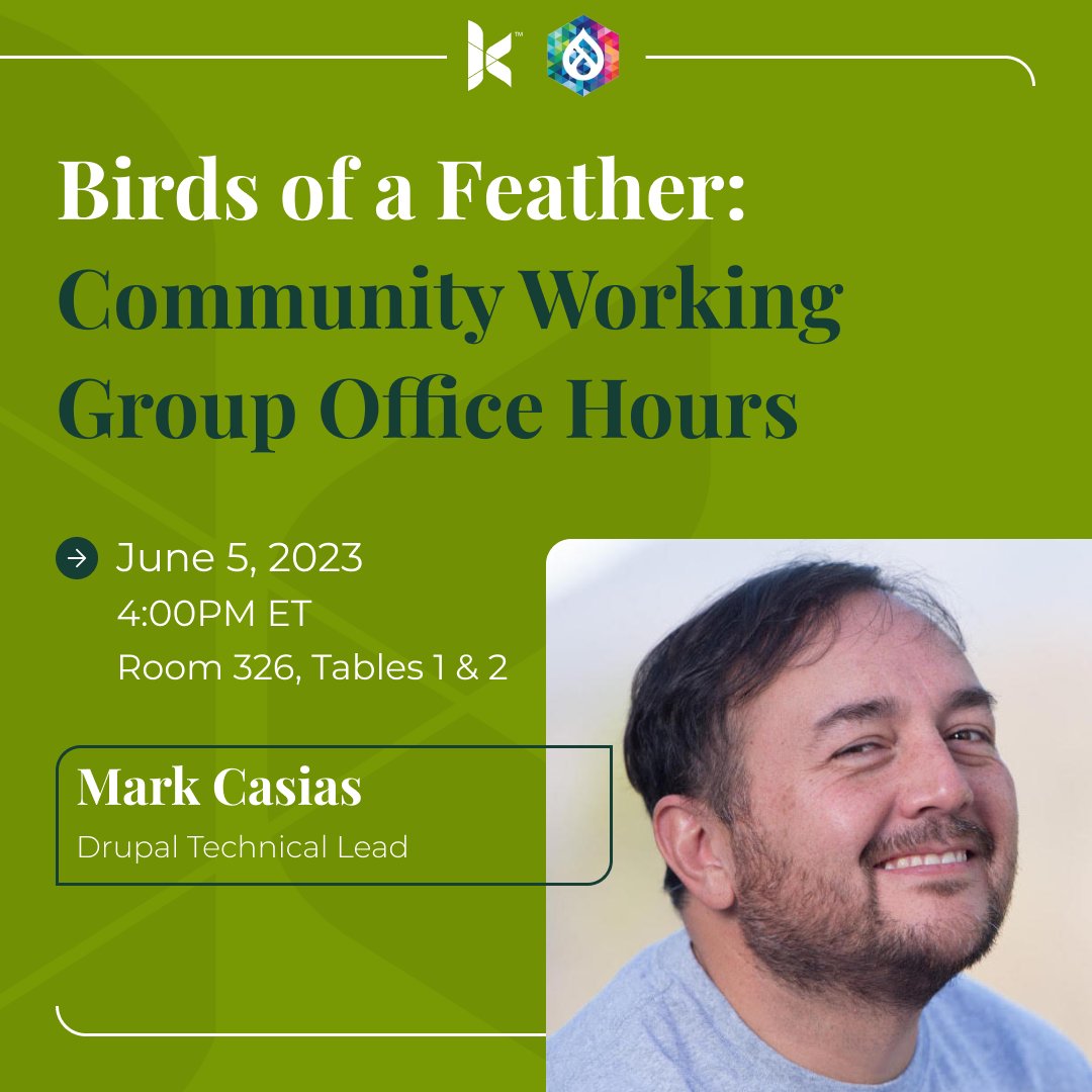 kanopi_studios's tweet image. IN ONE HOUR: Come join "Community Working Group Office Hours" BoF with Kanopi's Tech Lead, Mark Casias, and ideate on essential initiatives focused on the health of the #Drupal community.
June 5 at 4 PM - room 326, Tables 1 & 2.
#DrupalConPittsburgh #DrupalCon2023