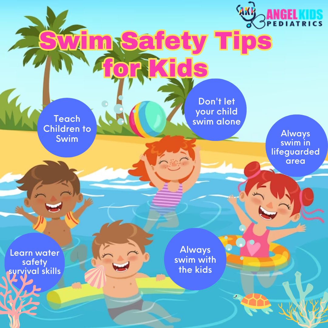 National Safety Month Alert! 💦Dive into Safety! June is National Safety Month, and Angel Kids Pediatrics wants to share essential swim safety tips. Let's prioritize our children's safety while enjoying the water! #NationalSafetyMonth #SwimSafety #WaterSafety #AngelKidsPediatrics