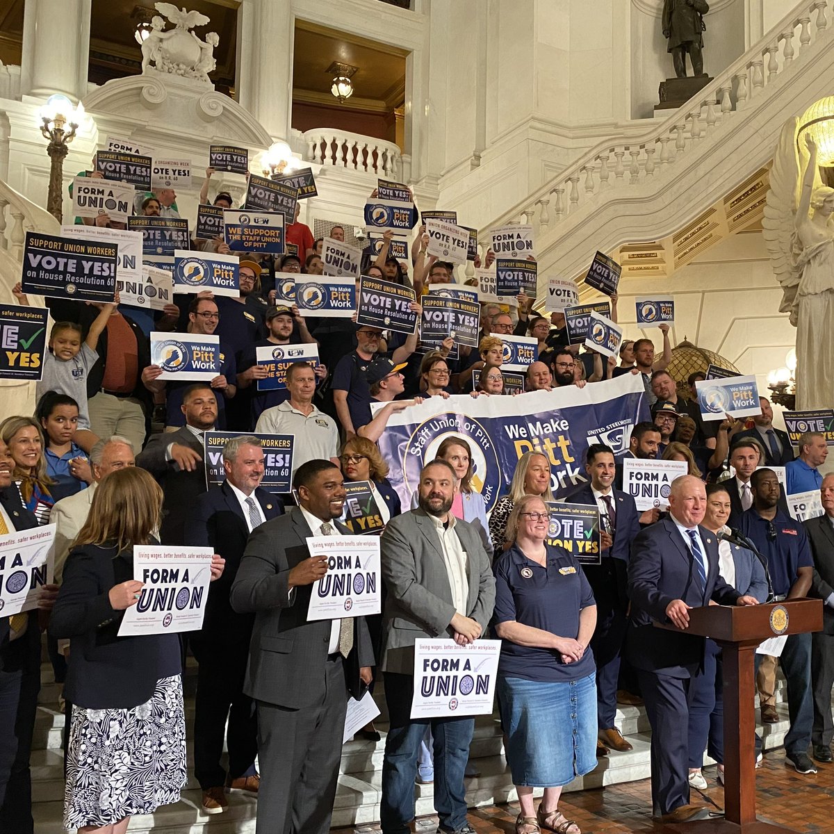 bcdemparty's tweet photo. It's #UnionOrganizingWeek in Pennsylvania! Our chair Erin Gabriel found our State Rep @RobMatzie in the rotunda at the Capitol in Harrisburg. They are celebrating with @PaAFL_CIO and our friends in Labor, including @BernieHallUSW. #Solidarity ✊ https://t.co/BHpcWhbzr7