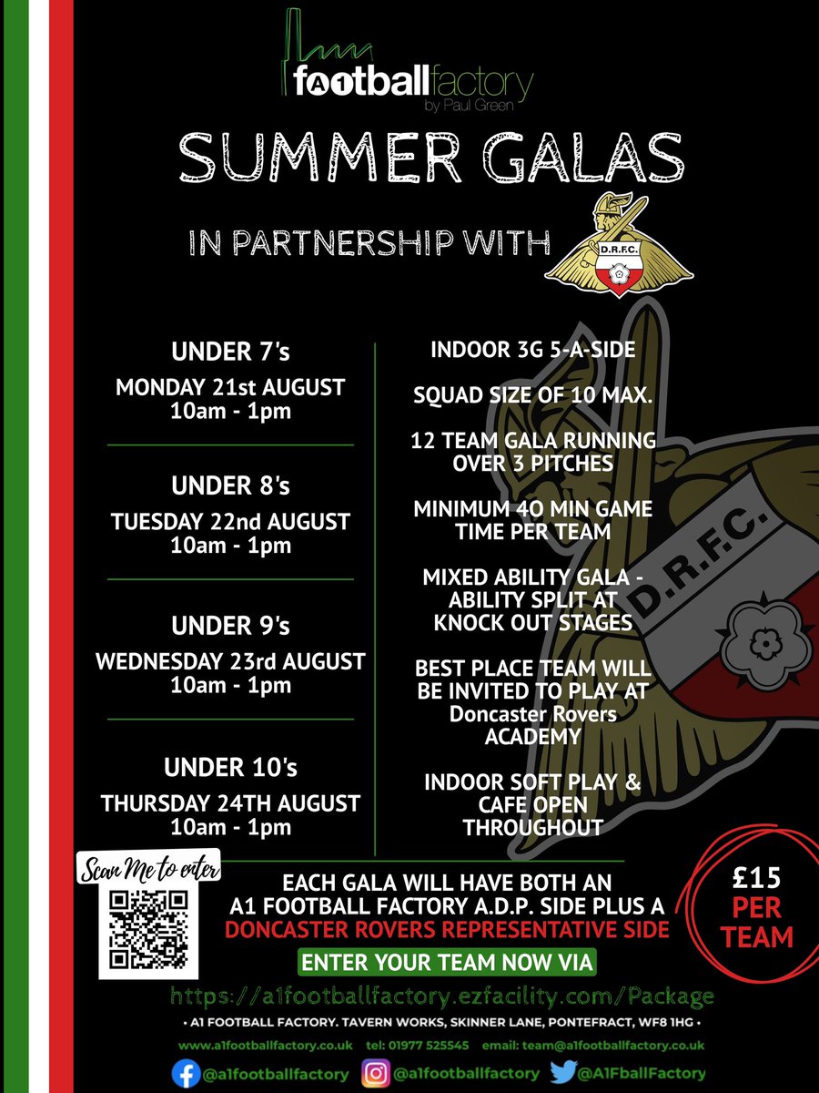 A1 Football Factory (@a1fballfactory) on Twitter photo SUMMER GALAS in partnership with <a href="/drfc_official/">Doncaster Rovers FC</a>
U7s - U10s Indoor 5aside
here at <a href="/A1FballFactory/">A1 Football Factory</a>
TEAMS BASED ON 2023 24 SEASON
To book your Grassroots Team in, Please follow the link below….
a1footballfactory.ezfacility.com/package
Or book via reception on 01977 525545 SUMMER GALAS in partnership with <a href="/drfc_official/">Doncaster Rovers FC</a>
U7s - U10s Indoor 5aside
here at <a href="/A1FballFactory/">A1 Football Factory</a>
TEAMS BASED ON 2023 24 SEASON
To book your Grassroots Team in, Please follow the link below….
a1footballfactory.ezfacility.com/package
Or book via reception on 01977 525545