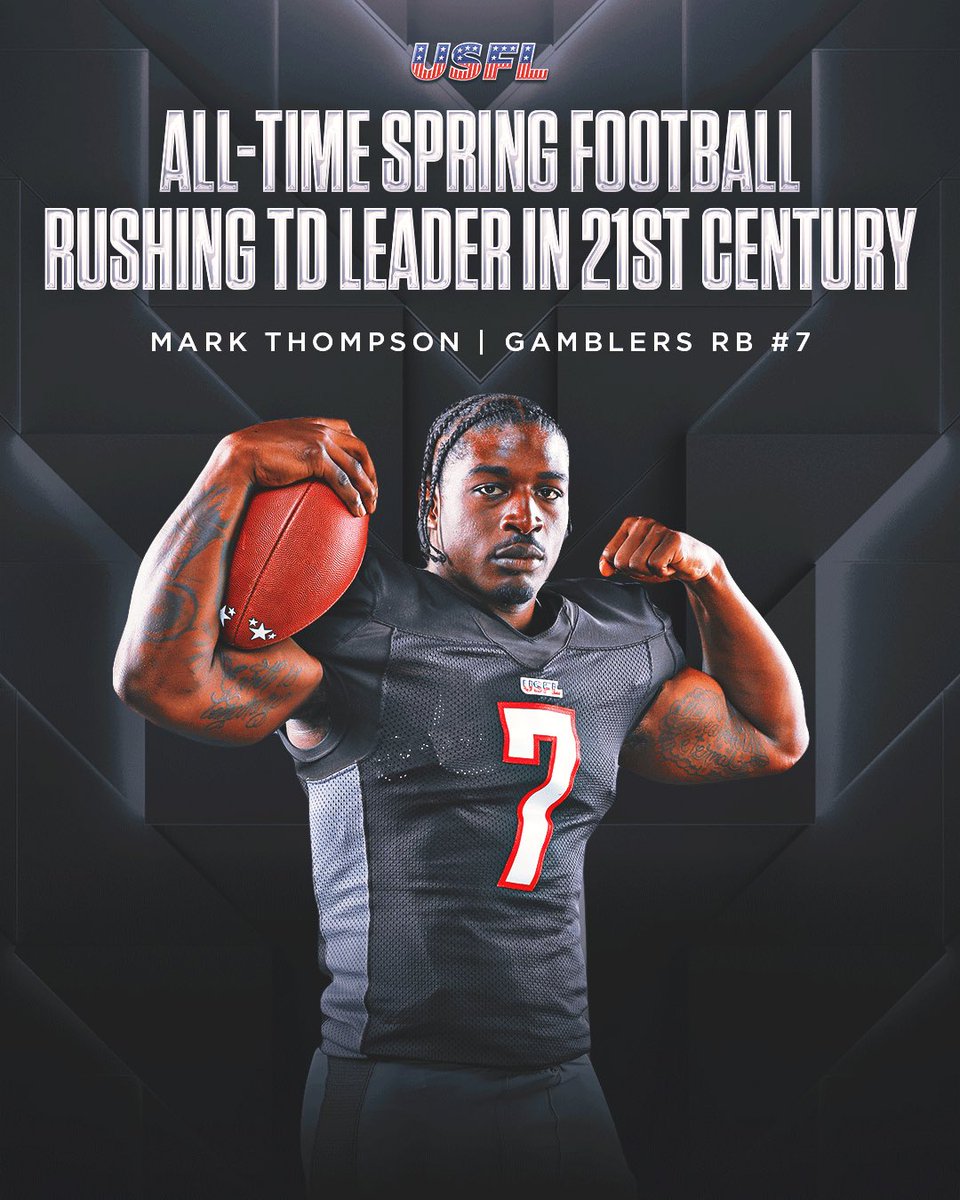 UFLonFOX's tweet photo. Congratulations to @USFLGamblers RB @InMarkWeTrust on becoming the all-time spring football rushing touchdown leader in the 21st century with 13 rushing TDs 👏🏆🎲 https://t.co/BrUpNXpq6N