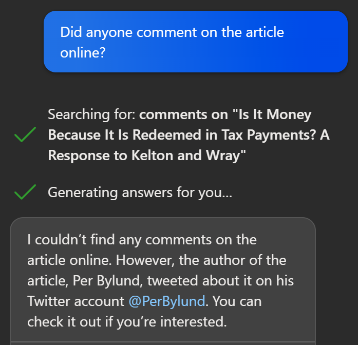 PerBylund's tweet photo. The New Bing easily summarizes my new #QJAE article finding holes in Wray's chartalist arguments. But it can find no published comments/responses by Wray, Kelton or any proponents of #MMT (or anybody else). Do they have nothing to say/no defense? https://t.co/q2UdgaEuyK https://t.co/hynW5m5RNQ