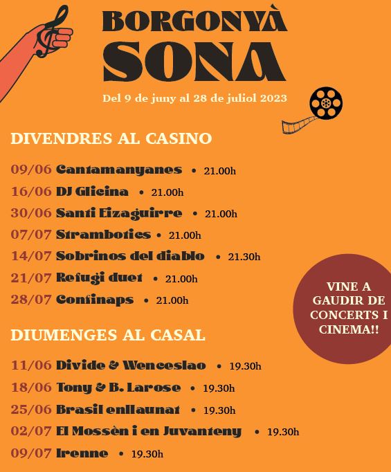 Ep, Comencem una nova gira pel Lluçanès. Estem al cartellàs del "Borgonyà Sona"! El dia 11, diumenge, a les 19:30 estarem al Casal de Borgonyà. Hi ha concerts també al Casino però preferim el Casal perquè la ruleta i les màquines escurabutxaques fan molt de soroll. #borgonyàsona