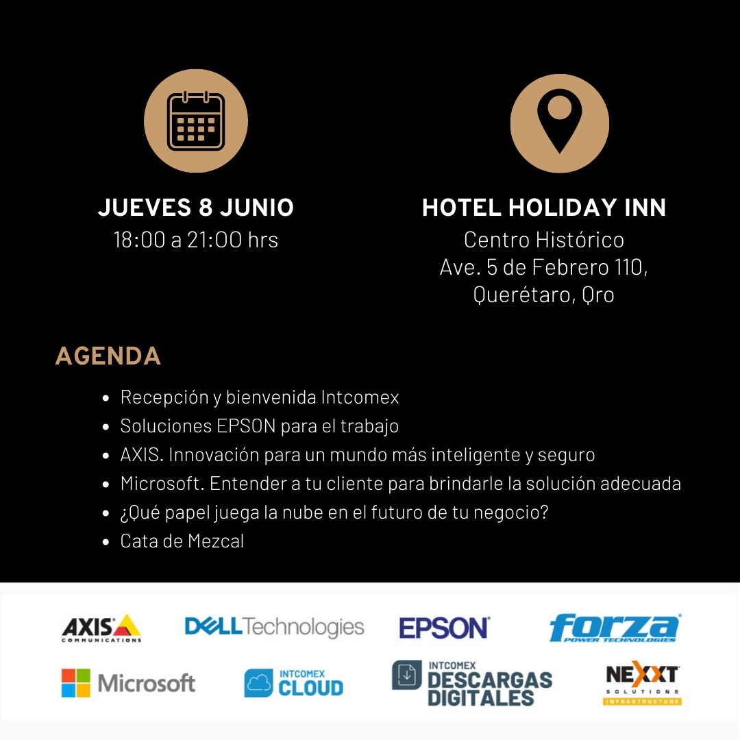 <a href="/Intcomex_Mexico/">Intcomex Mexico</a> te invita a la gira de negocios en Querétaro este jueves 8 Junio para conocer lo último en soluciones de TI, además de disfrutar una cata de mezcal especialmente preparada para ti.   Cupo limitado, no olvides reservar tu lugar en marketing.intcomex.com/event/sessions…