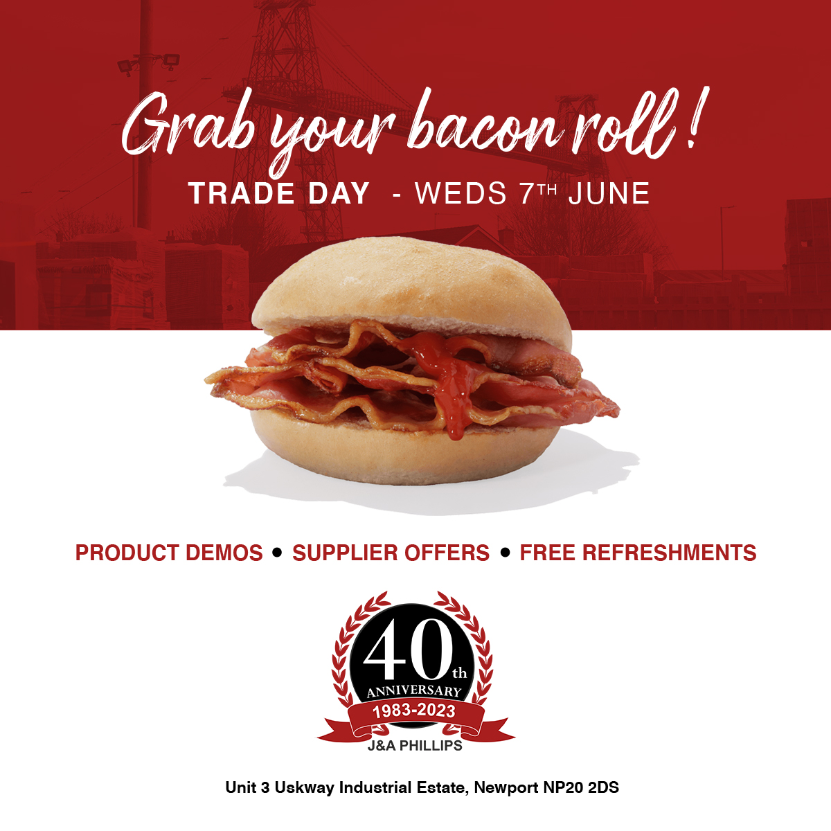 Calling all #Newport trades! 
Join us this Weds 7th June, 8am - 1pm for our 40th Anniversary Trade Day!
We've got product demos, supplier offers and free bacon rolls, with everything you need to take your projects to the next level.

<a href="/PortHour/">PortHour</a>  #porthour