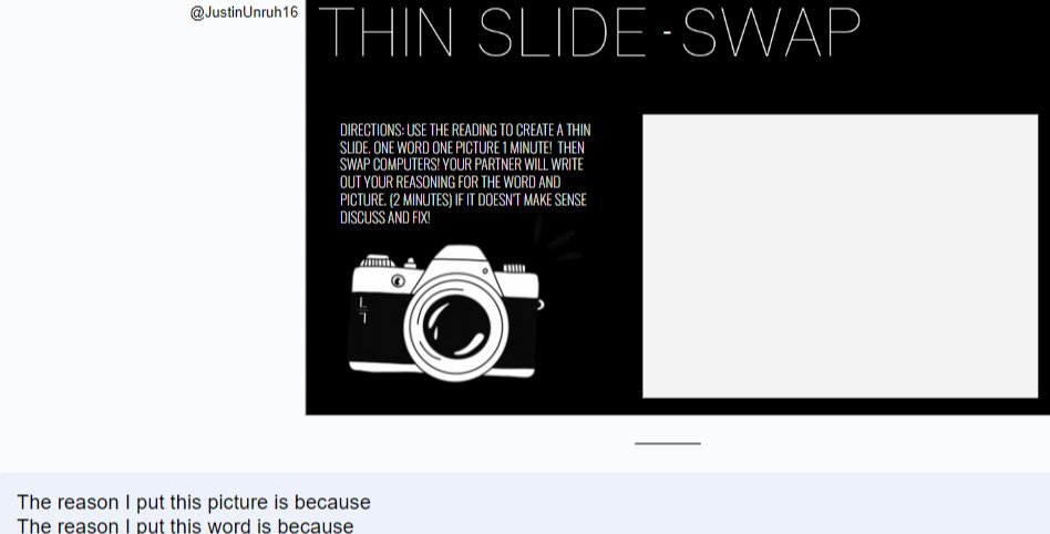 Reflection: Many students would write without detail on #thinslide, #sketchandtell, and w/o precision on #ironchef. The main reason being they assume I will figure it out. Solution: SWAP w/ a partner. Now they are writing for their peers. @eduprotocols
docs.google.com/presentation/d…