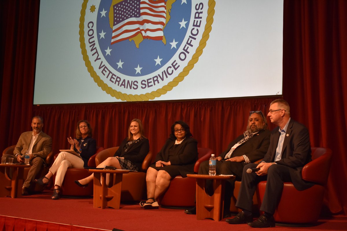 #NACVSO NSD, Ed Zackey, moderates a panel discussion with Katrina Eagle Esq. and VA Claims Agent Jim Rodonga of Veterans Law Office of Katrina Eagle alongside Cynthia McJunkin and Cassandra Hodge from VA Compensation Service Office, and Dan Gallegos from MDEO at VA. #NACVSO2023