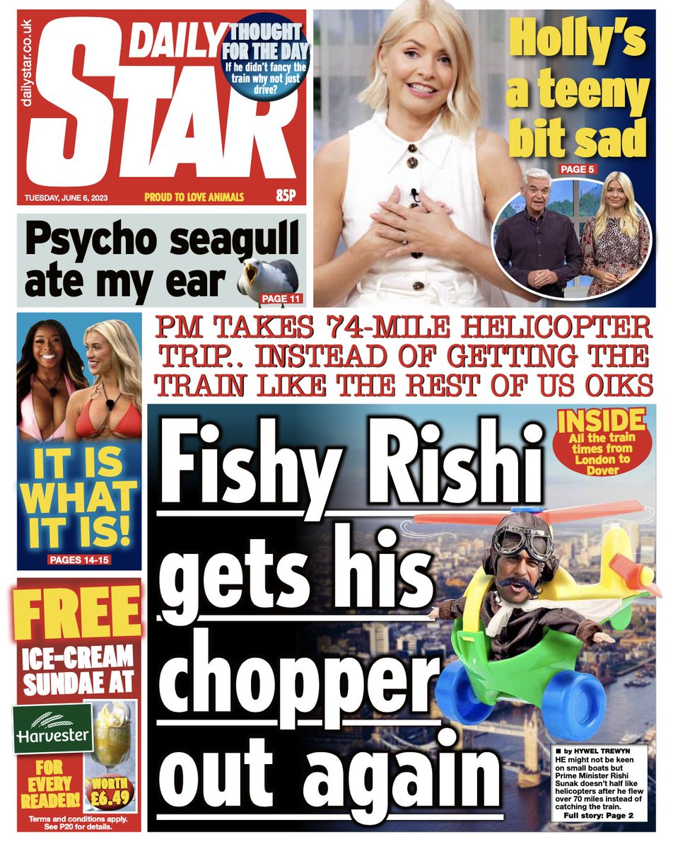 Tuesday’s Star: “Fishy Rishi gets his chopper out again” #BBCPapers #TomorrowsPapersToday bbc.in/43mNlMc