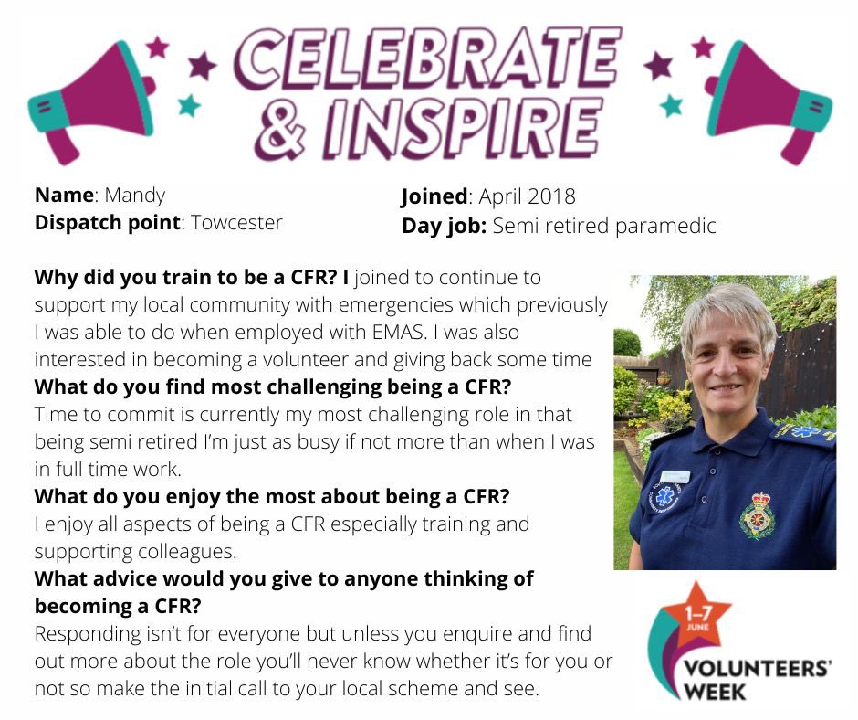 VOLUNTEERS' WEEK 2023 1st - 7th June.

A week to celebrate some of our own inspiring volunteers!

Next up….Mandy &amp; Cathy!

#volunteersweek #nhs75 <a href="/EMAS_CFR/">EMAS Community Response Team</a>