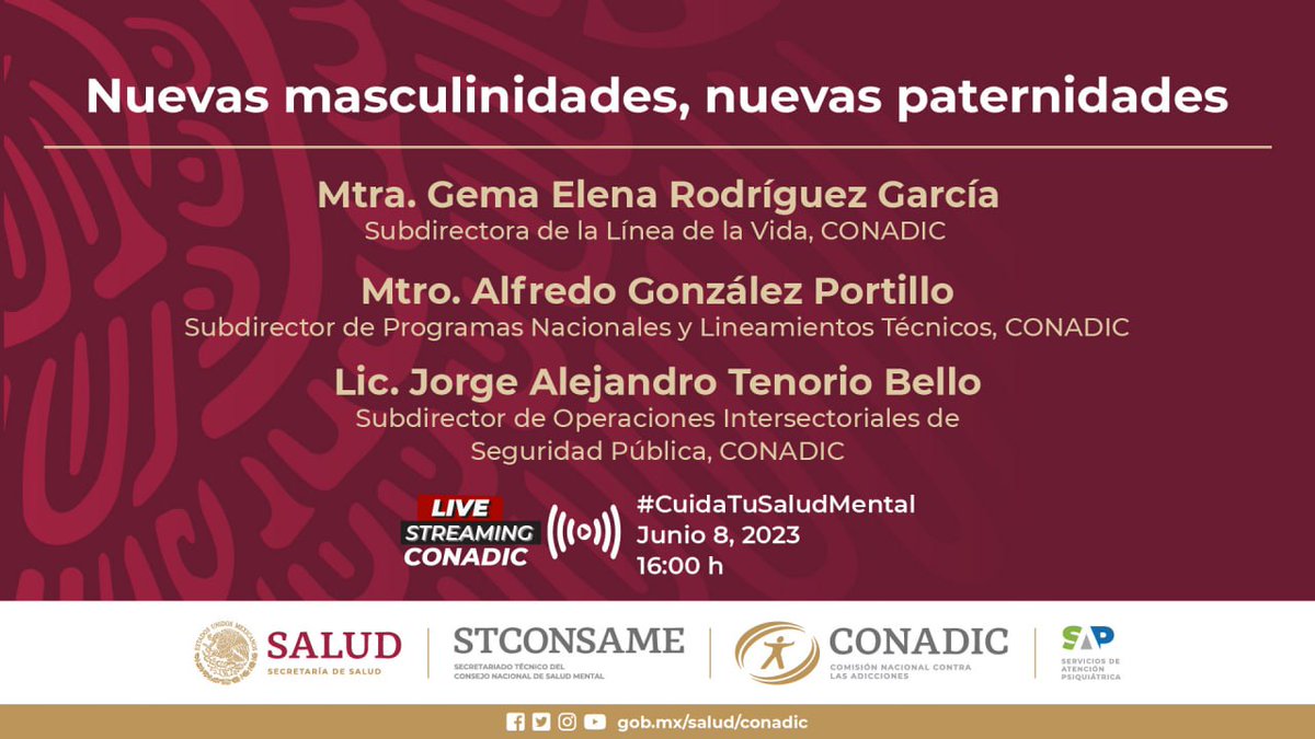 CECAdicc's tweet photo. Con las nuevas masculinidades cambian también las paternidades. ¿Quieres saber más?  Te esperamos en el programa #CuidaTuSaludMental con especialistas de la #CONADIC 📌FBLive: Nuevas masculinidades, nuevas paternidades 📷 8 junio 📷 https://t.co/KkLDWaLiuB