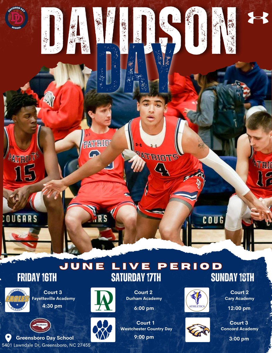 DDSPatriotsBB's tweet photo. 🚨 College Coaches 🚨

NCISAA June Live Event Schedule for June 16-18. Looking forward to playing some of the great teams in the state! 

📍 Greensboro Day School
#CARES 🔴🔵 https://t.co/57wGGdGNYF