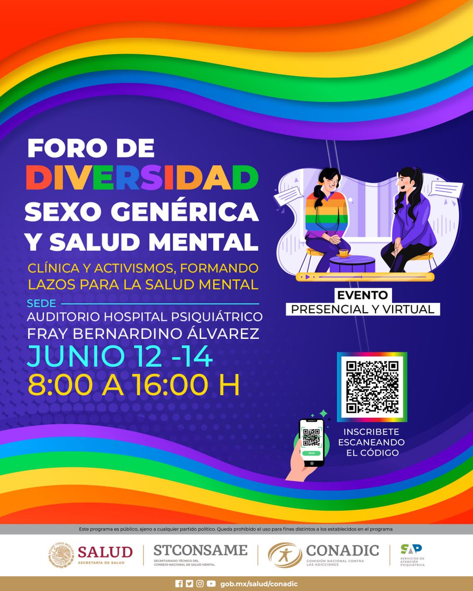 conasamamx's tweet photo. @Psiquiatria_SAP, @MxSTCONSAME y #CONADIC, te invitan a participar en el Foro de diversidad sexo genérica y salud mental.

📌Hospital Psiquiátrico Fray Bernardino Álvarez
📅 12-14 junio
🕓 8:00 a 16:00 h

Inscripciones 👉🏿https://t.co/GUQCXofOYv

#ConInclusión #PorLaSaludMental https://t.co/fYVjbBByF2