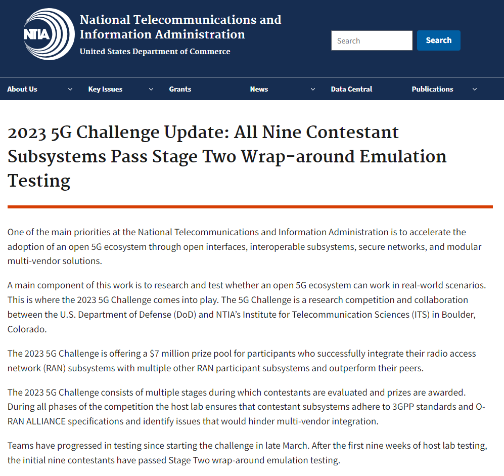 NTIAgov's tweet photo. NEW: This year, NTIA and @DeptofDefense announced the 2023 #5GChallenge with 9 contestants working to build new technology to help promote a more resilient, secure and diverse wireless ecosystem.
See how they're doing in our latest blog ⬇️
https://t.co/oKjQFDI39I https://t.co/7NwPUyRq4D