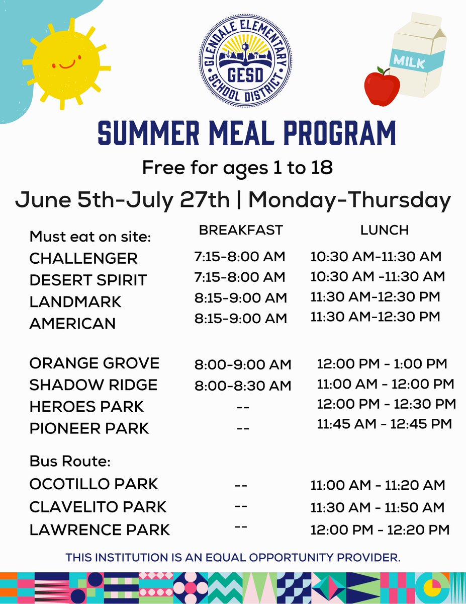 GESD40's tweet photo. We're launching our summer meal program at multiple locations. Nutritious meals will be provided starting today through July 27 (Mondays-Thursdays) to kids and teens aged 18 and younger, free of charge. #GESD40 #AllInForAllKids https://t.co/jygWlpki9p