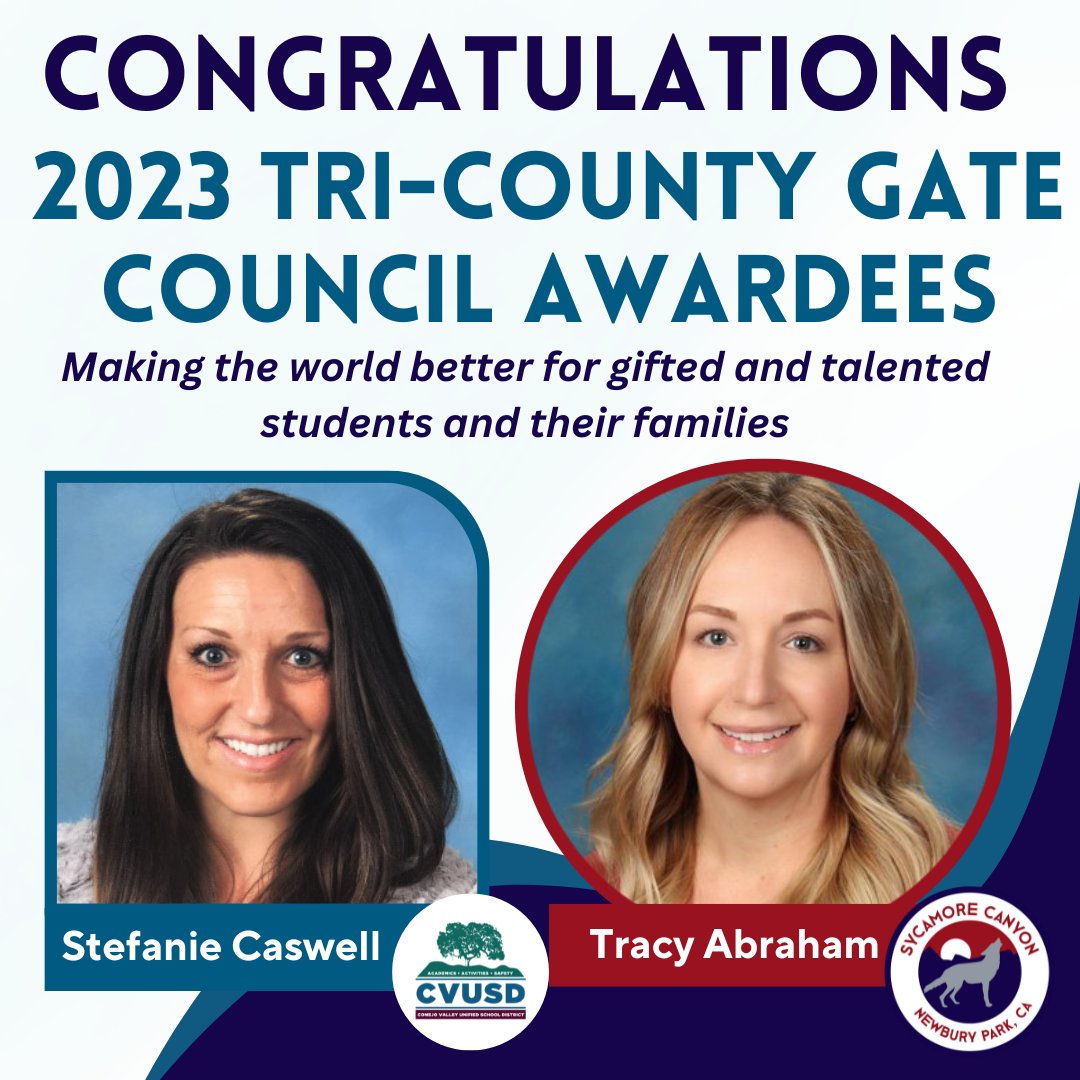 Congratulations to CVUSD teachers Stefanie Caswell (GATE TOSA) &amp; Tracy Abraham (<a href="/Sycamore_Canyon/">Sycamore Canyon School</a>) for being honored by the Tri-County GATE Council as individuals who have made the world better for gifted and talented students and their families.
🌟
More: conejousd.org/site/default.a…