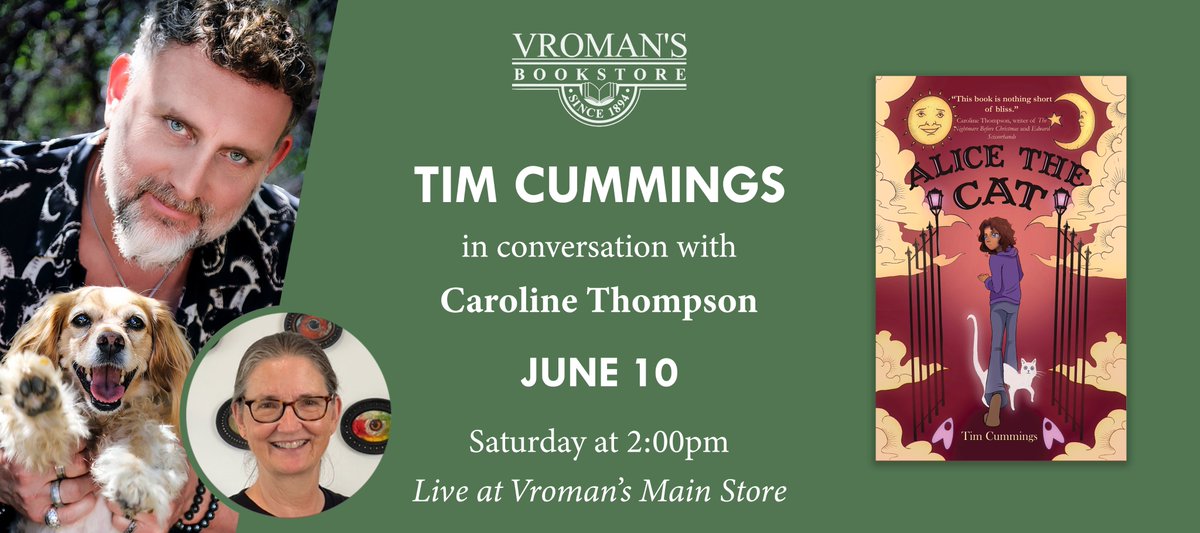 If you missed Tim's earlier events, you still have a chance to catch him (and Alice!) at Vroman's Bookstore on June 10th at 2pm to celebrate the release of Alice the Cat! If you're lucky Tim might wear his dapper red suit again! vromansbookstore.com/Tim-Cummings-d…