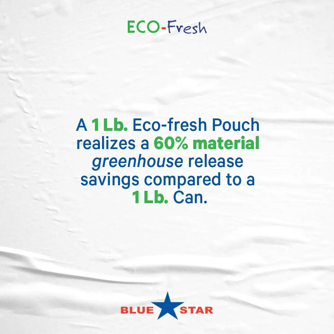 BlueStarFoodsCo's tweet photo. A 1 Lb. Eco-fresh Pouch realizes a 60% material greenhouse release savings compared to a 1 Lb. Can ♻️🍃🦀

#SustainableLiving #Green #EcoFresh #OrganicProduct #BlueStarFoods https://t.co/gJWpWIMa0H