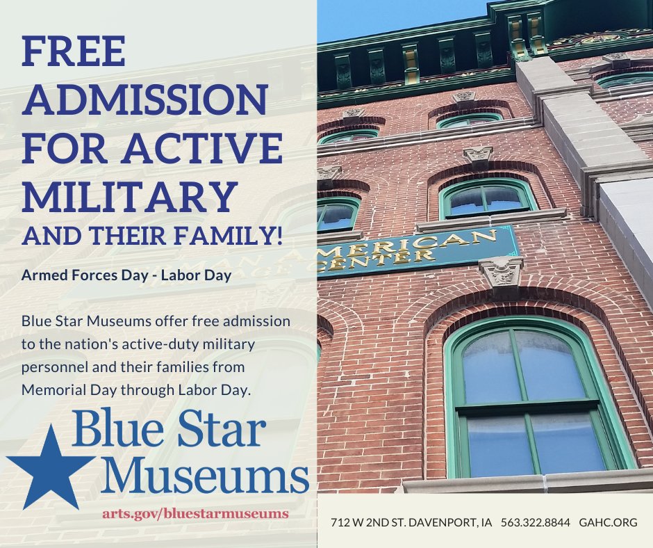 GAHC_Iowa's tweet photo. The first day of Blue Star Museums beings today, Saturday May 20th! Active military and their families can enjoy free admission to the German American Heritage Center and Museum, now until Labor Day. https://t.co/NqUB9wvgCB
