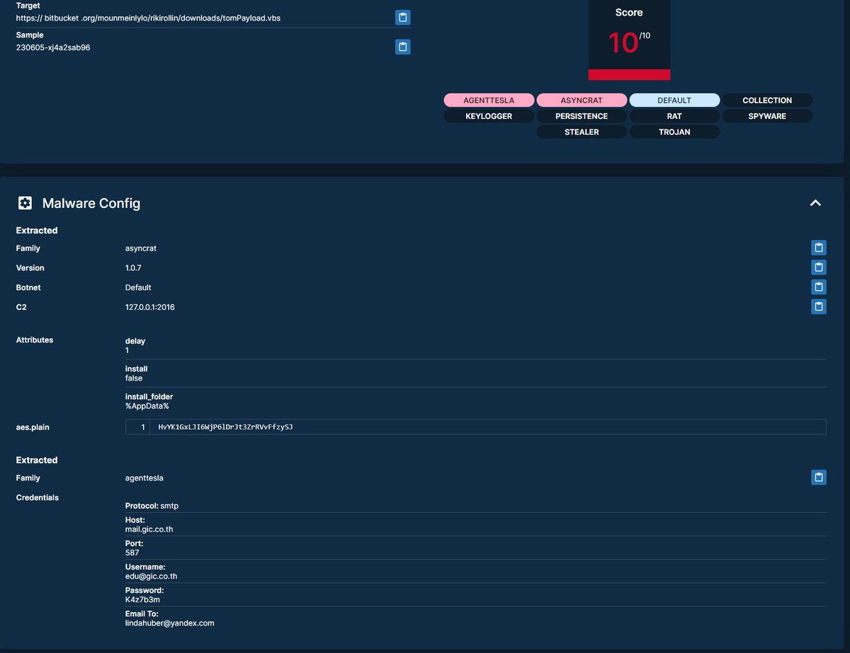 @AnFam17 @Gi7w0rm @pr0xylife @0xToxin 
@James_inthe_box Your huckleberry added a few new payloads today. Couple #AgentTesla and a #AsyncRat.
They moved away from the 'IP/file' style of the originals and are using API's on the new ones.tria.ge/230605-xj4a2sa…