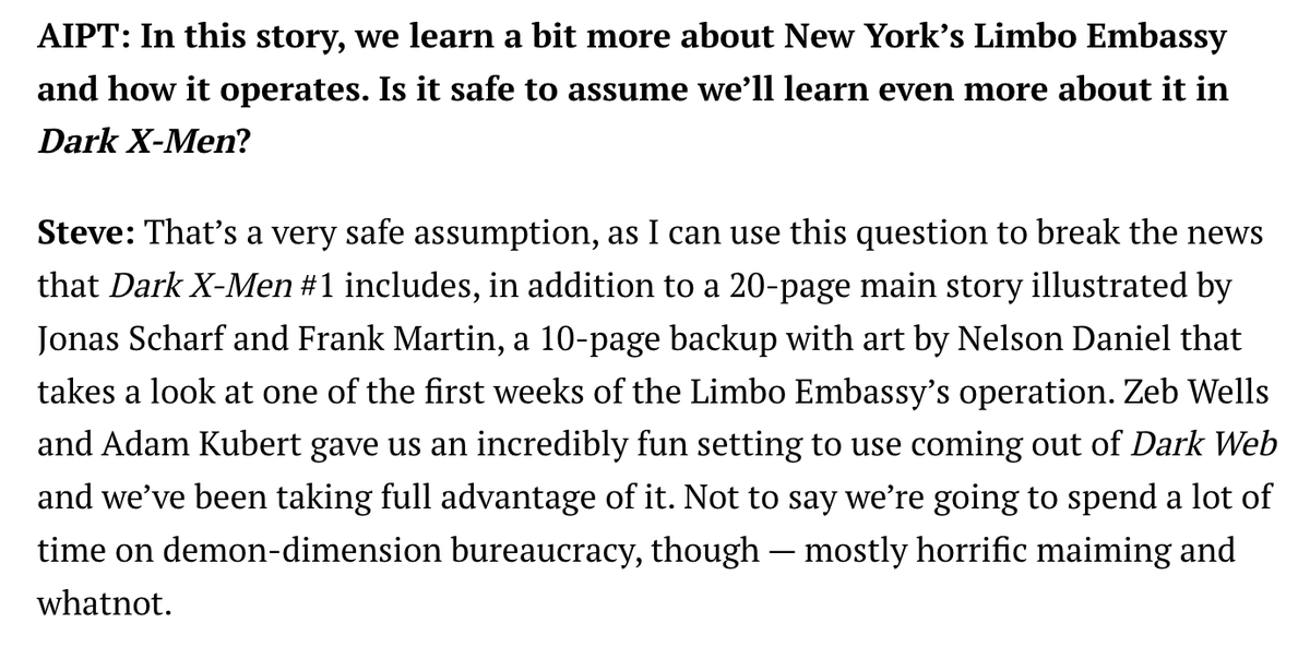 Surprise! DARK X-MEN #1 will be *30 pages* of hellfire & brimstone. That's right: readers get 20 pages of Fall of X chaos from @scharf_jonas & @frankmartinbox--PLUS 10 pages of @nelsondaniel exploring the early days of the Limbo Embassy and Maddie & Alex's very...unique bond.
