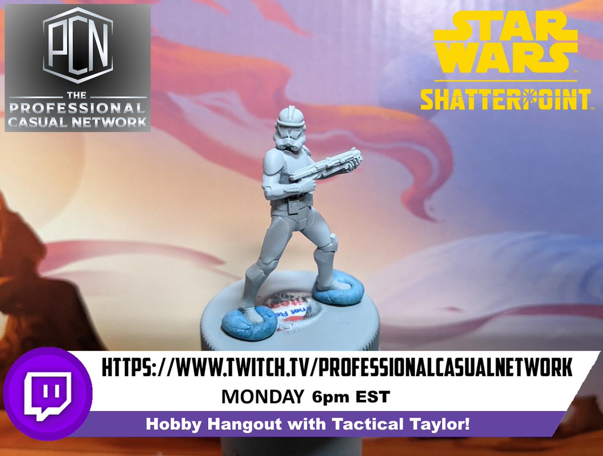Tonight @ 6pm EST on #HobbyHangout Taylor's joined by AMG's Dallas Kemp! Taylor will be putting #shatterpaint on the 501st.

Shatterpoint Core Set Giveaway: professionalcasual.com/shatterpointco…

#StarWarsShatterpoint Info:...