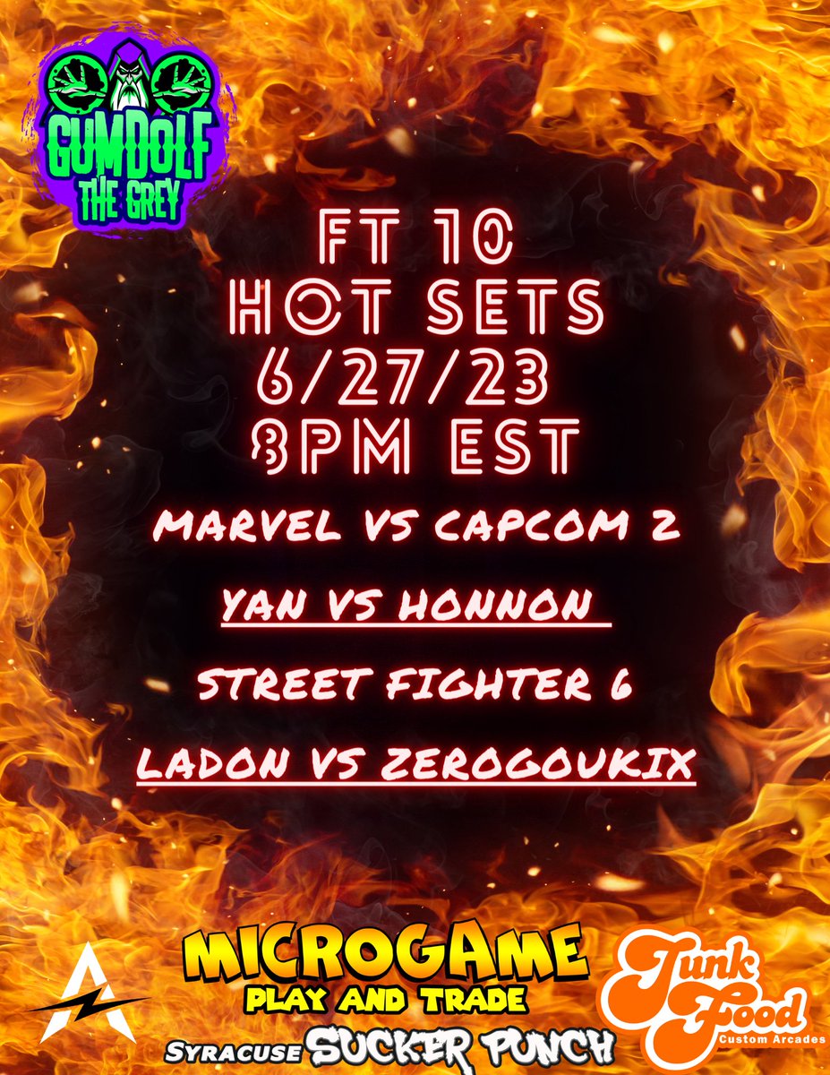 The next round of Hot Sets will be on the 27th at 8pm est! We will have @owoYanni vs Honnon for MvC2 and @Ladon3s vs @Chris_Dechene for #StreetFighter6 Thank you to @junkfoodarcades @AFAS315 @SyracusePunch and Micro Game for partnering with us for this event! See you soon!