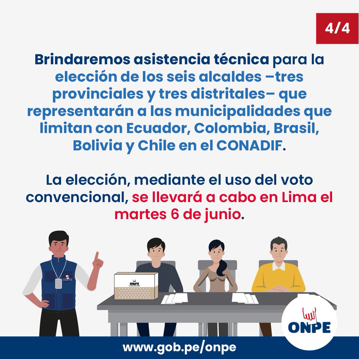 ONPE_oficial's tweet photo. #ONPEinforma | Este 6 de junio se realizarán las elecciones para elegir representantes al Consejo Nacional de Desarrollo de Fronteras e Integración Fronteriza (#CONADIF). Conoce los detalles de este proceso electoral.

Más información aquí: https://t.co/vU39TXi6FT https://t.co/9P9Vwt4e4y