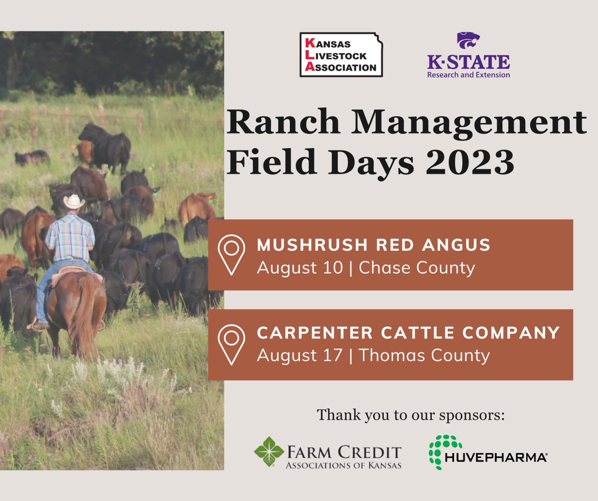 Dates have been set for the 2023 KLA/Kansas State University Ranch Management Field Days. Mushrush Red Angus will host the first event August 10 in Chase County. The August 17 field day will be held in Thomas County at Carpenter Cattle Company.