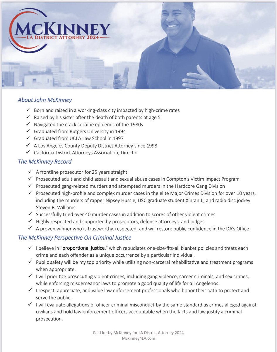 johnmckinney_'s tweet image. Here is a shareable summary of my background, experience, and beliefs. Please repost and share with friends and others who are interested in learning more about the candidates running for LA District Attorney in 2024. 

I stand on 25 years of excellence as a frontline prosecutor.…