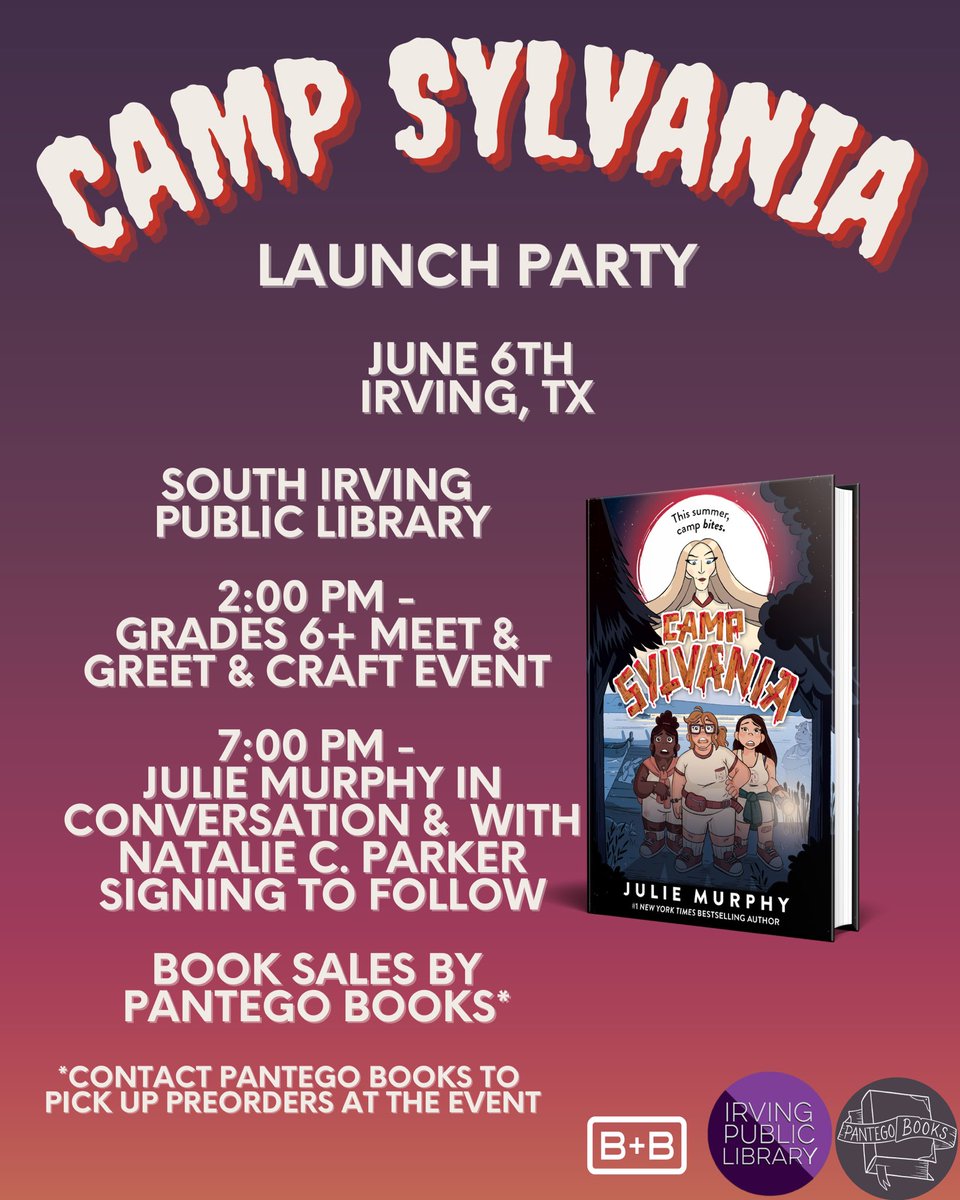 Julie Murphy (@andimjulie) on Twitter photo Popped into Pantego Books to sign CAMP SYLVANIA preorders today! If you’re local to DFW, come out to the launch party tomorrow at <a href="/irvinglibrary/">Irving Library</a>!
Preorder signed copies here: pantegobooks.com/products/camp-…
Launch party info here: cityofirving.org/Calendar.aspx?… Popped into Pantego Books to sign CAMP SYLVANIA preorders today! If you’re local to DFW, come out to the launch party tomorrow at <a href="/irvinglibrary/">Irving Library</a>!
Preorder signed copies here: pantegobooks.com/products/camp-…
Launch party info here: cityofirving.org/Calendar.aspx?…