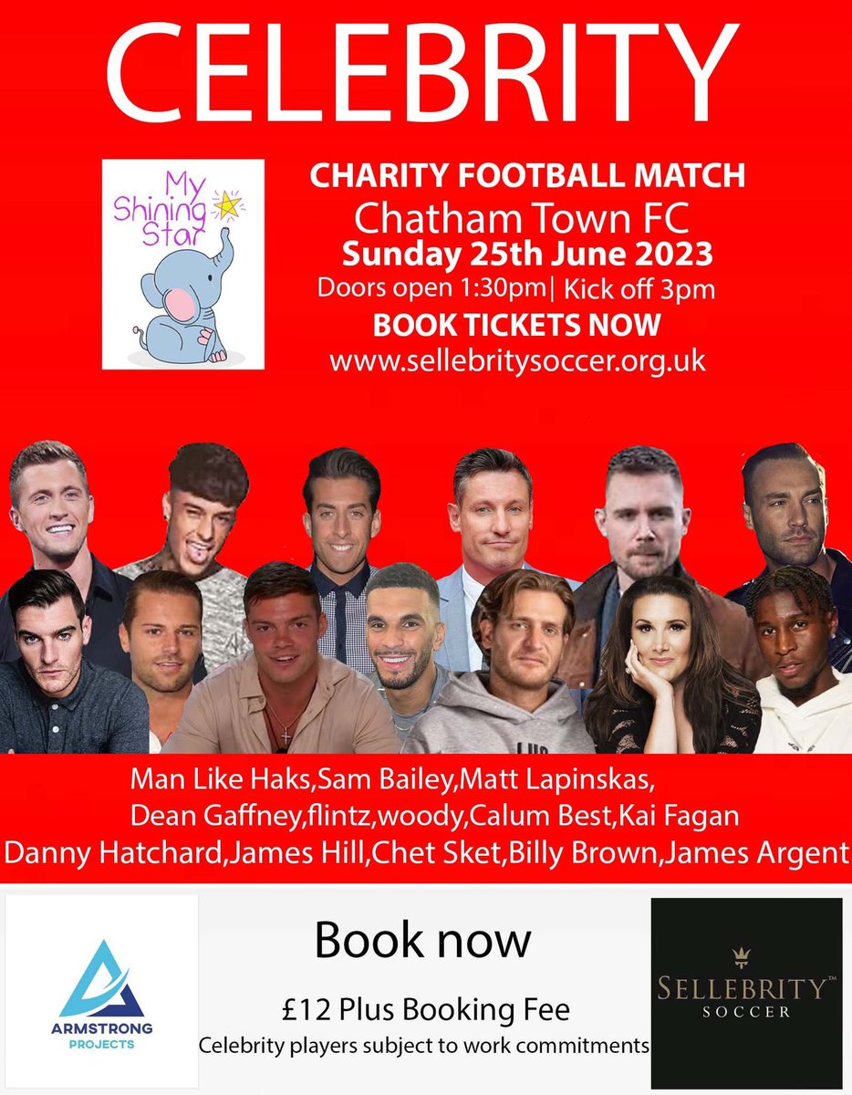 SellebritySoccer (@sellebrity_uk) on Twitter photo 📆 Sunday 25th June 2023
📍Chatham town FC - 3PM KICK OFF
<a href="/Mrjamieohara1/">Jamie Ohara</a> Has confirmed for our huge celebrity charity match at <a href="/ChathamTownFC/">Chatham Town</a> for <a href="/myshiningstaruk/">My Shining Star Children’s Cancer Charity 🌟</a>
Do not miss this book your tickets now 🎫 ⚽️⚽️
Tickets at sellebritysoccer.org.uk 🎫🎫 📆 Sunday 25th June 2023
📍Chatham town FC - 3PM KICK OFF
<a href="/Mrjamieohara1/">Jamie Ohara</a> Has confirmed for our huge celebrity charity match at <a href="/ChathamTownFC/">Chatham Town</a> for <a href="/myshiningstaruk/">My Shining Star Children’s Cancer Charity 🌟</a>
Do not miss this book your tickets now 🎫 ⚽️⚽️
Tickets at sellebritysoccer.org.uk 🎫🎫