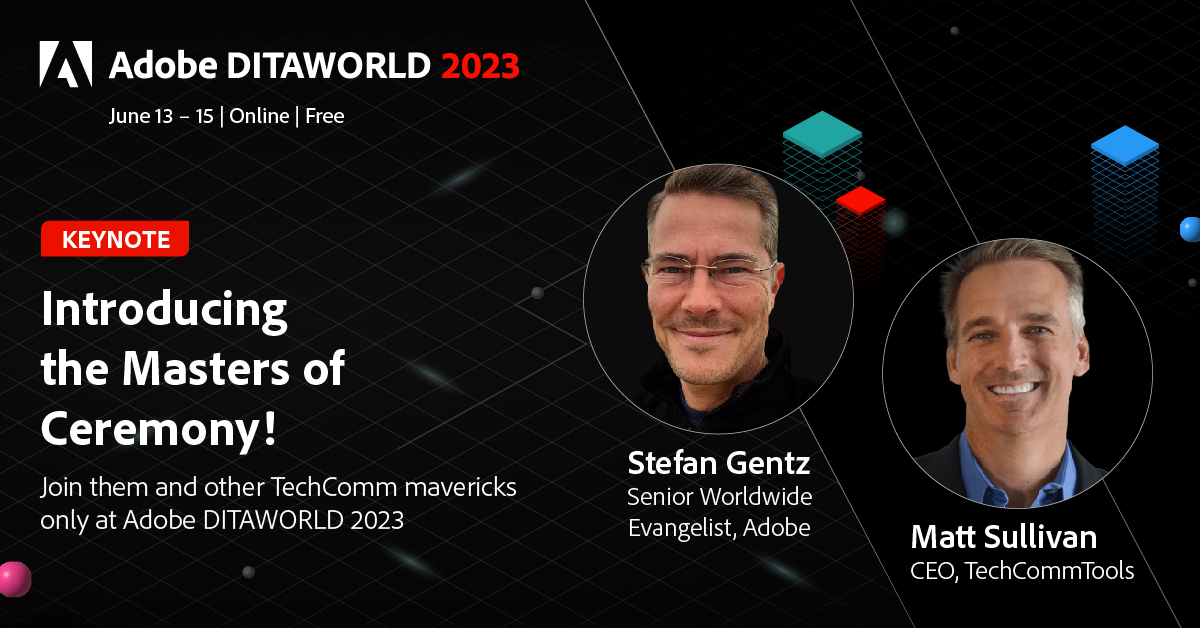 Say hello to the Masters of Ceremony of <a href="/Adobe/">Adobe</a>  #DITAWORLD 2023! Join <a href="/stefangentz/">Stefan Gentz</a> from Adobe and <a href="/mattrsullivan/">Matt Sullivan</a> from TechCommTools as they guide you throughout the event:  …obe-dita-world.meetus.adobeevents.com/?utm_source=or…

#techcomm #contentstrategy #adobeexperiencemanager #adobe
