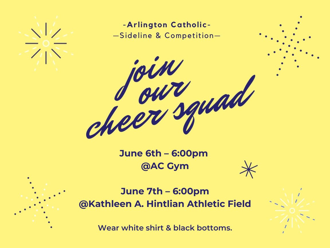 *CHEER TRYOUTS UPDATED LOCATION*

Interested in cheering for the Cougars? Come tryout for the AC cheer squad!

Tryouts will take place on Tuesday, June 6th at 6:00pm in the AC Gym and on Wednesday, June 7th at 6:00pm at the Kathleen A. Hintlian Athletic Field.