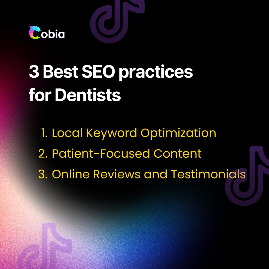 🦷 Elevate Your Dental Practice's Online Presence with These Top SEO Practices! 

#CobiaMarketing #DentalMarketing #EmailMarketingApps #DentistTools #PatientEngagement #DigitalMarketing #SocialMediaMarketing #GrowYourPractice