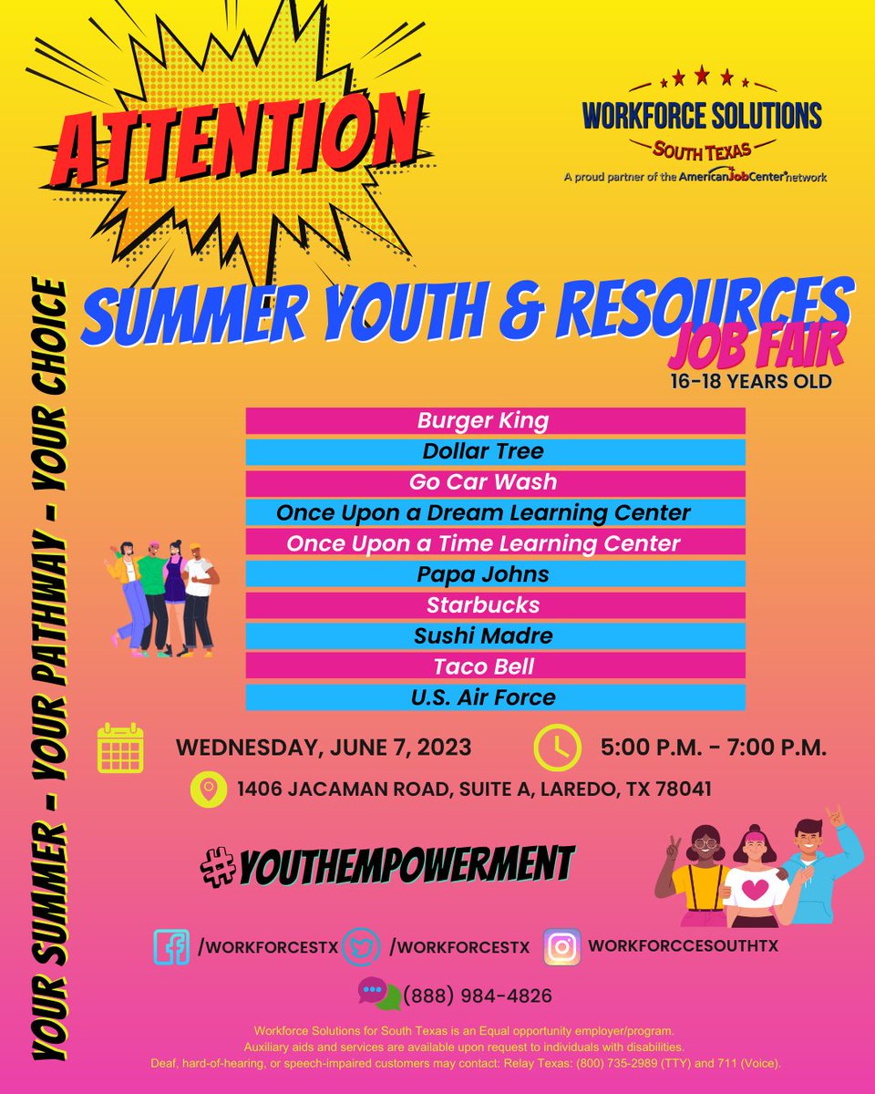 Happening this week!
Workforce Solutions for South Texas is presenting the 'Summer Youth and Resources Job Fair.'
We will provide everything to assist 16-18 years old to have a successful job experience during the Summer.

#youthempowerement #summerjobs