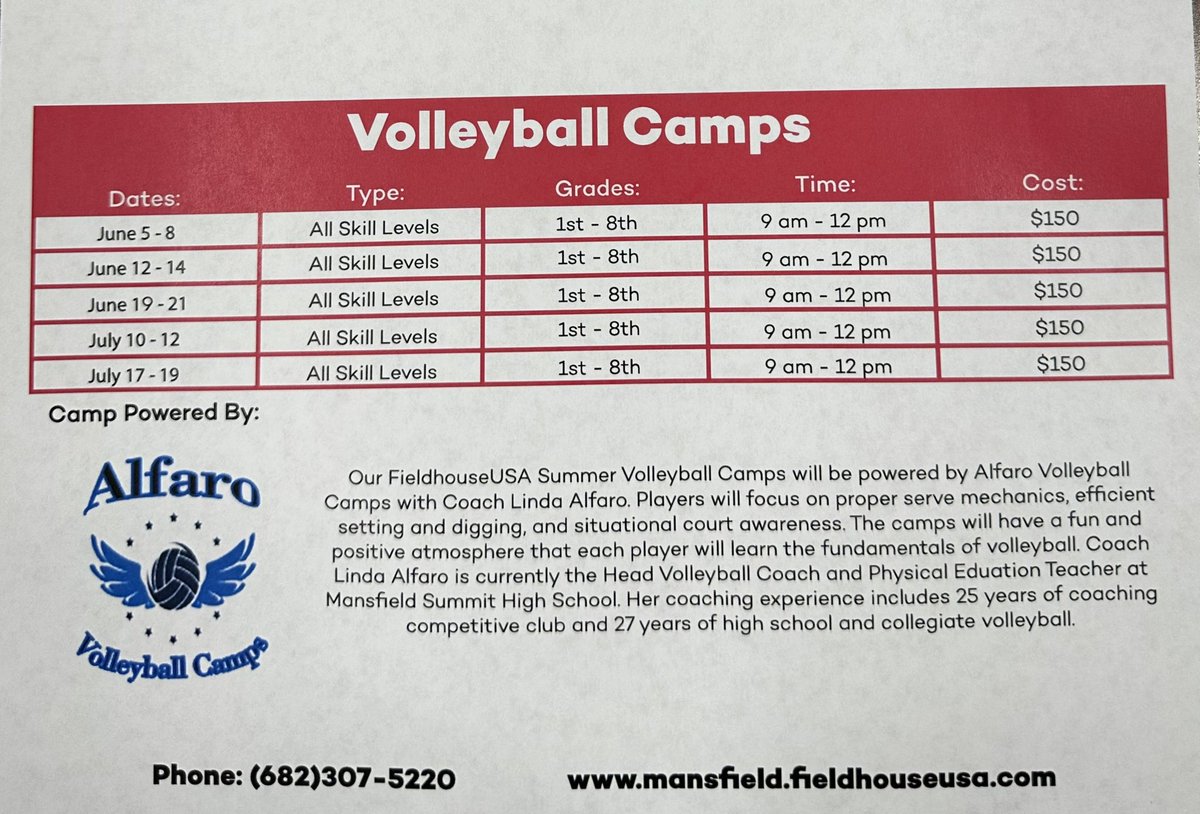 Hello Everyone!

Our Fieldhouse U Summer Volleyball Camps have started! Please register on the Fieldhouse USA Mansfield Website! 💙🏐