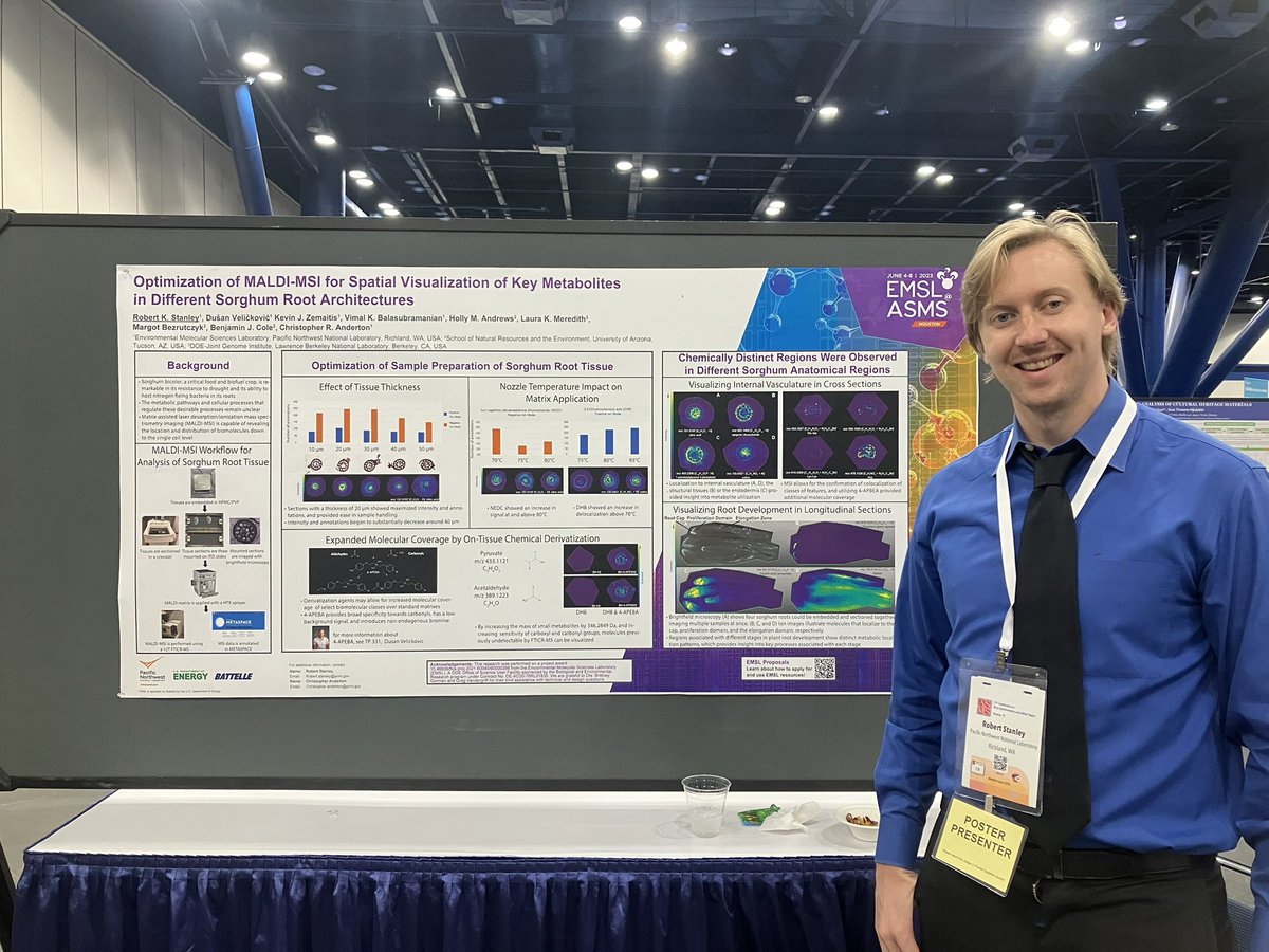 Excited to be at #ASMS2023 discussing some of the work I’ve done under <a href="/The_AnderPLANTS/">Chris Anderton</a> at <a href="/PNNLab/">Pacific Northwest National Laboratory</a> to optimize MALDI-MSI in sorghum and highlighting its impact for our <a href="/EMSLscience/">Environmental Molecular Sciences Laboratory (EMSL)</a> users