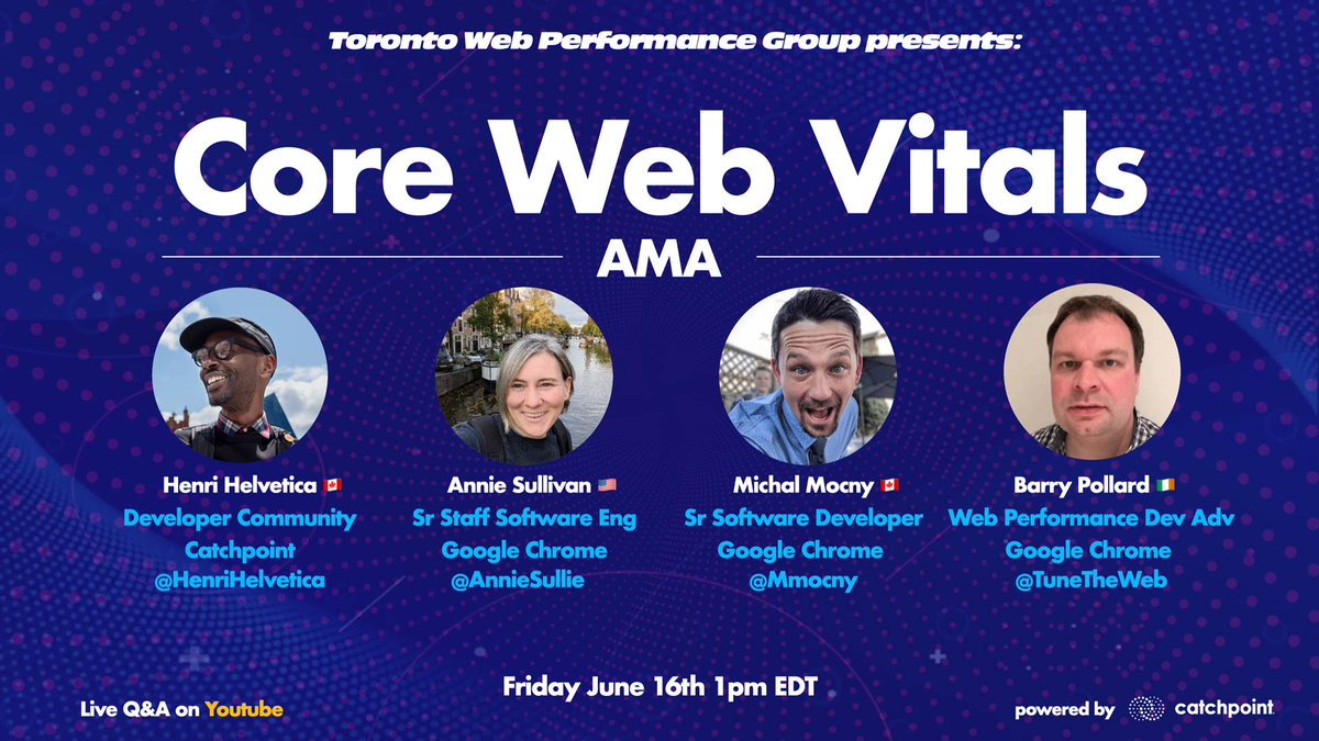 Announced last week, I'm putting together a Core Web Vitals AMA w/ the Magistrates Of Metrics: 🗣️: @anniesullie, @mmocny & @tunetheweb 📆: Friday June 16th ⏰: 1pm EDT, 10am PDT, 6pm BST 🔗: bit.ly/cwv-ama-2023 (click for reminder) have your q?s ready. #webperf RT⚡️