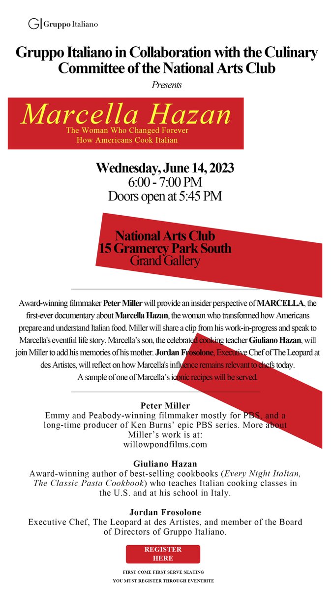 marcellafilm's tweet photo. 📣Celebrate #MarcellaHazan at  @NatnlArtsClub in NYC Wed June 14, at 6PM. With @marcellafilm director  Peter Miller @WillowPondFilms, cooking teacher 
@giulianohazan &amp; Chef Jordan Frosolone of @IlGattopardoNYC. Presented by @GruppoItaliano1 Register now! ➡️https://t.co/MtIomuaVWy https://t.co/L95BCBEP8v