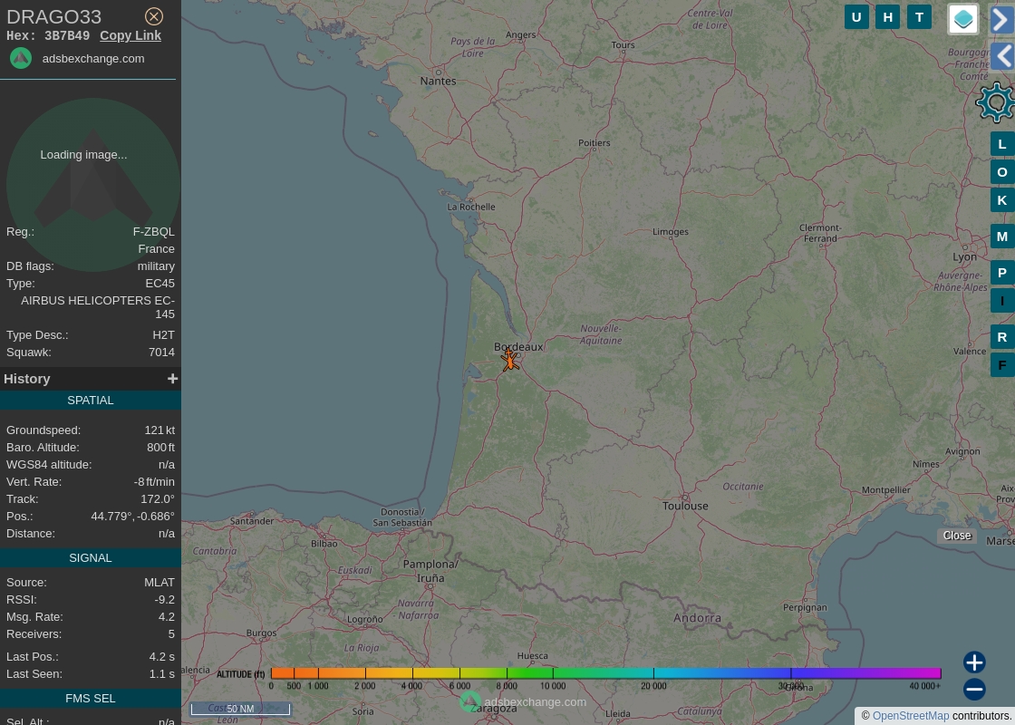 IntelskyB's tweet image. 🇫🇷 Securite Civile ✈️ EC45 ( Eurocopter EC145 B ) (F-ZBQL, #3B7B49) as flight #DRAGO33 was just spotted over 🇫🇷 Gironde, #France at ☁️ 800 ft.

🔴 Live tracking:
global.adsbexchange.com/?icao=3B7B49

🖼️ by doppio.sh