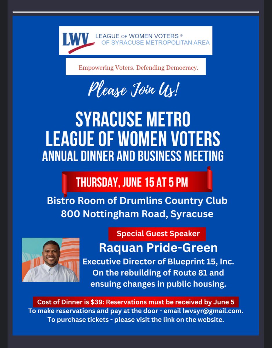 blueprint_15's tweet photo. Join the Syracuse Metro League of Women Voters for their Annual Business Dinner on June 15 at 5:00PM! This year's Guest Speaker is our very own Executive Director, Raquan Pride Green!! Grab your tickets today! https://t.co/4C4zWAj7Rx