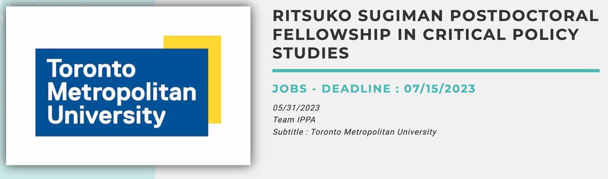 Please retweet
Ritsuko Sugiman Postdoctoral fellowship in critical policy studies @TorontoMet 
*C$70000/year; renewable once
*focus on work raising awareness of public policy that aims to reduce social injustice and inequality from multiple perspectives

tinyurl.com/mr29fds9