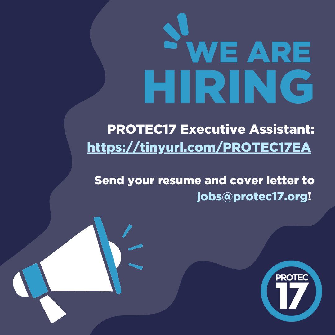 📢 WE'RE HIRING!

Interested in being the new PROTEC17 Executive Assistant? Check out the full job posting at tiny url.com/PROTEC17EA and send your resume and cover letter to jobs@protec17.org. Come work with us! 💙 #SeattleJobs #LaborUnionJobs #Hiring