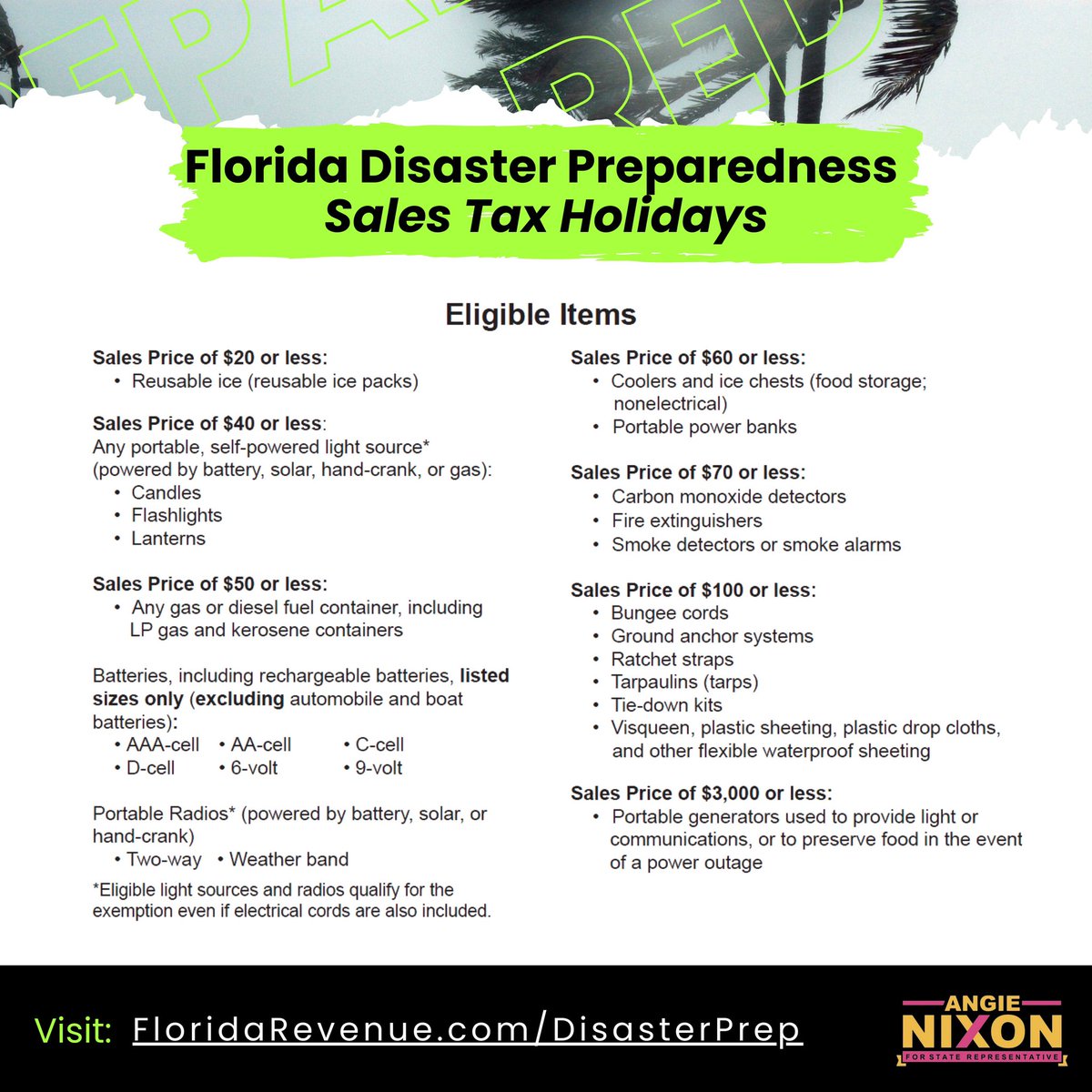 AngieNixon's tweet photo. Take advantage of the Florida Disaster Preparedness Sales Tax Holiday for a few more days!

Floridians can take advantage of the savings from May 27-June 9 2023 and August 26-September 8 2023 on eligible items.

Visit https://t.co/P5fEt9wL7I for more info! https://t.co/o5iANOEaQa