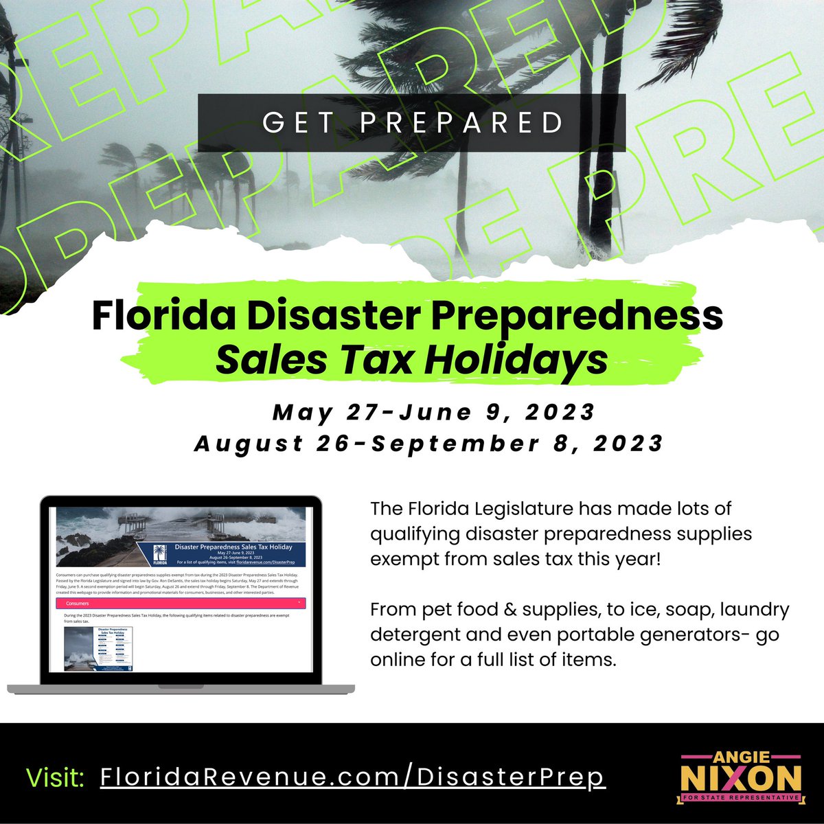 AngieNixon's tweet photo. Take advantage of the Florida Disaster Preparedness Sales Tax Holiday for a few more days!

Floridians can take advantage of the savings from May 27-June 9 2023 and August 26-September 8 2023 on eligible items.

Visit https://t.co/P5fEt9wL7I for more info! https://t.co/o5iANOEaQa
