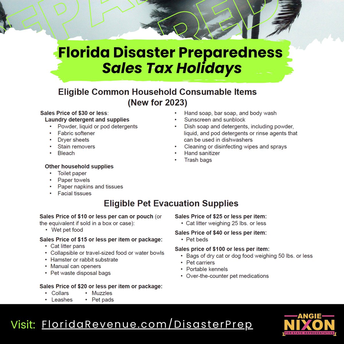 AngieNixon's tweet photo. Take advantage of the Florida Disaster Preparedness Sales Tax Holiday for a few more days!

Floridians can take advantage of the savings from May 27-June 9 2023 and August 26-September 8 2023 on eligible items.

Visit https://t.co/P5fEt9wL7I for more info! https://t.co/o5iANOEaQa