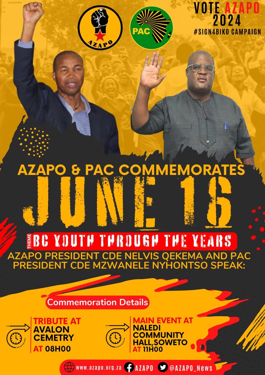 History is a weapon! Join the joint services of AZAPO &amp; PAC nationwide, commemorating the 1976 Soweto Uprisings. Main eve is in Soweto, Naledi Community Hall. <a href="/pac_president/">PAC President</a> <a href="/MyPAConline/">Pan Africanist Congress of Azania (PAC)</a> <a href="/AZAPO_News/">AZAPO</a> <a href="/Nelvis_Qekema/">Nelvis Qekema</a> <a href="/GaoNodoba/">Gaontebale Nodoba</a>
